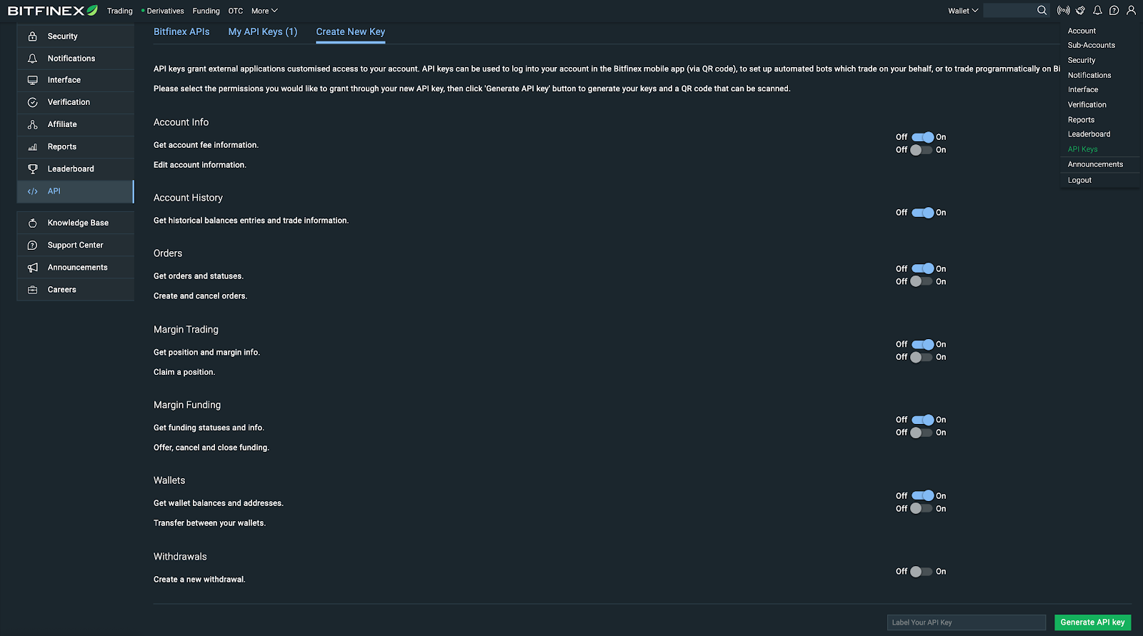 Create a Bitfinex API key – Bitfinex Help Center